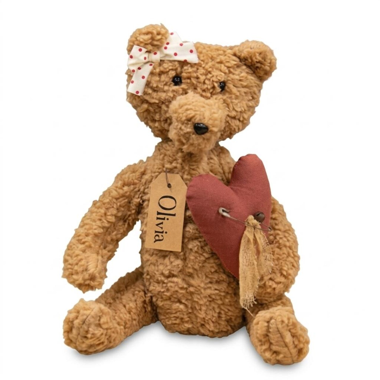 Brown Fuzzy Valentine Bear with Red Heart Plush Decor “Olivia” Name Tag